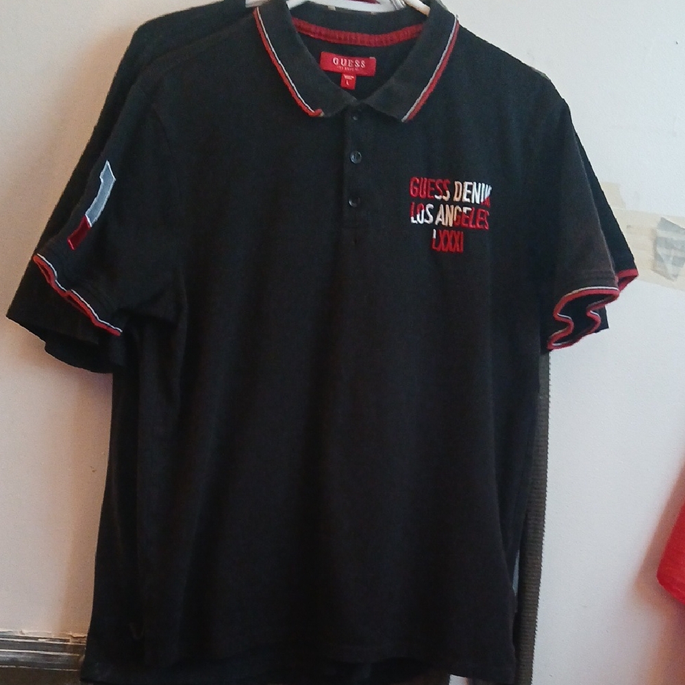 Guess Red and Black Polo Shirt with Striped Cuffs